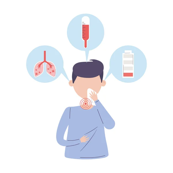Covid 19 quarantena, malato con mal di gola e tosse — Vettoriale Stock