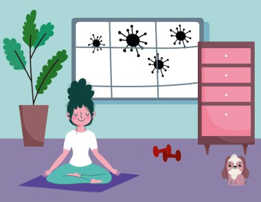 Kız odada köpek ve spor ağırlığıyla yoga yapıyor, evde egzersiz yapıyor.