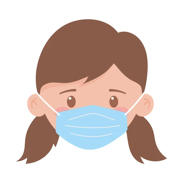 Covid 19 coronavírus, rosto de menina com máscara médica ícone isolado fundo branco — Vetor de Stock