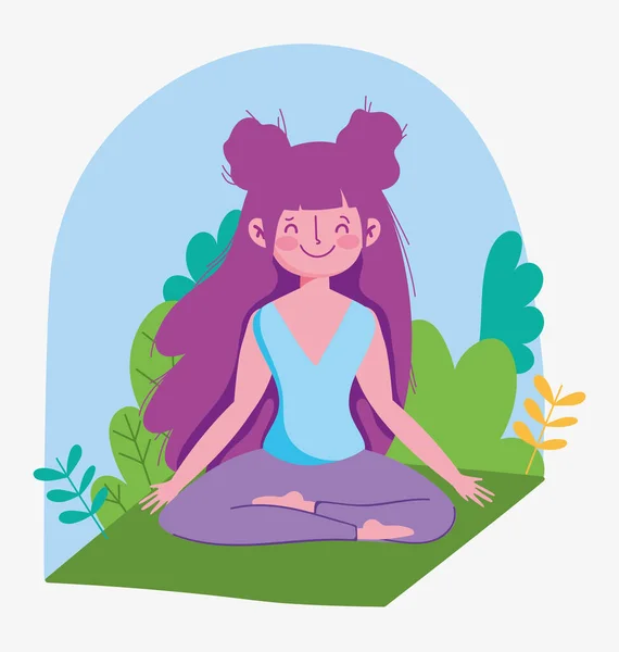 Jeune femme pratiquant le yoga en lotus posant sur tapis extérieur — Image vectorielle