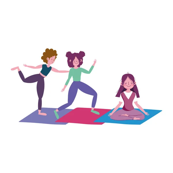 Молодая группа женщин обучение йоге медитации, упражнения деятельность — стоковый вектор