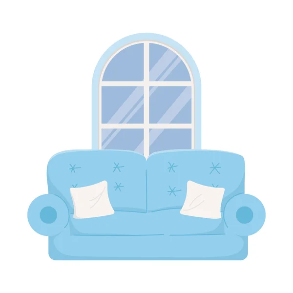 Καναπές με μαξιλάρια και παράθυρο σπίτι απομονωμένο εικονίδιο σε λευκό φόντο — Διανυσματικό Αρχείο