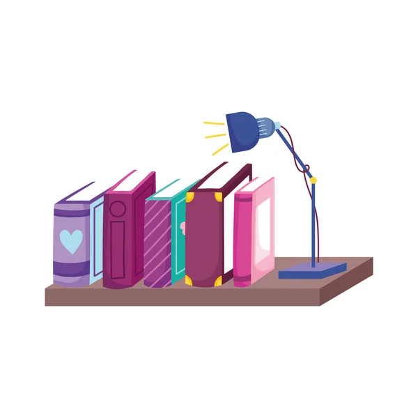 Shelf with books and lamp isolated icon white background — Stock Vector