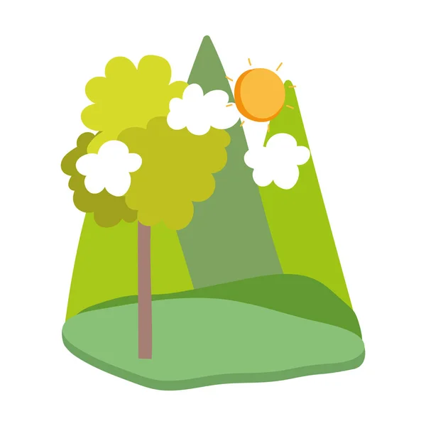 Paisagem árvores arbusto grama montanhas céu isolado ícone branco fundo —  Vetores de Stock