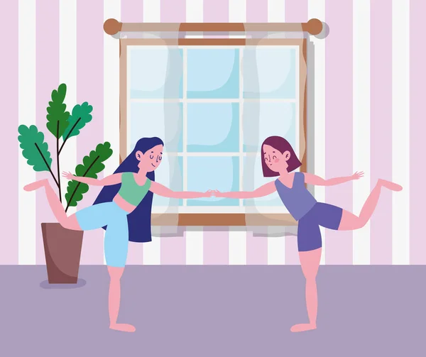 Дівчата розтягують тренування в кімнаті, вправи вдома — стоковий вектор