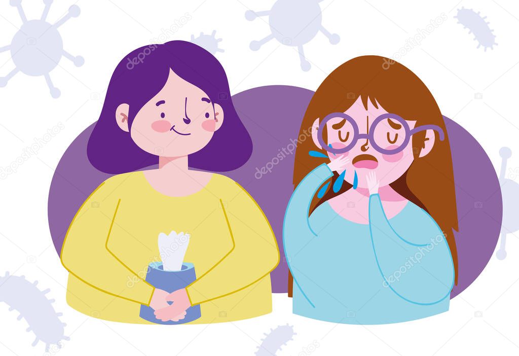 covid 19 coronavirus, coughing girl and woman with tissue paper