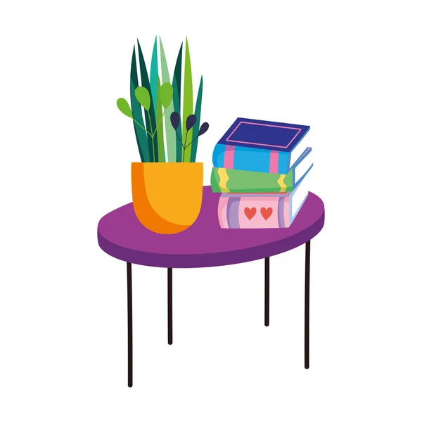 Tabe con pila di libri e decorazione di piante in vaso — Vettoriale Stock