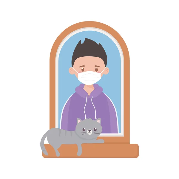 Rester à la maison, jeune homme avec masque et chat dans la fenêtre — Image vectorielle