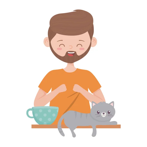 Stay at home, bearded man with cat and coffee cup — Stock Vector