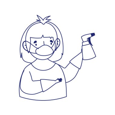 Covid 19 Coronavirus, maskeli ve sprey şişeli adam izole edilmiş ikon beyaz arkaplan