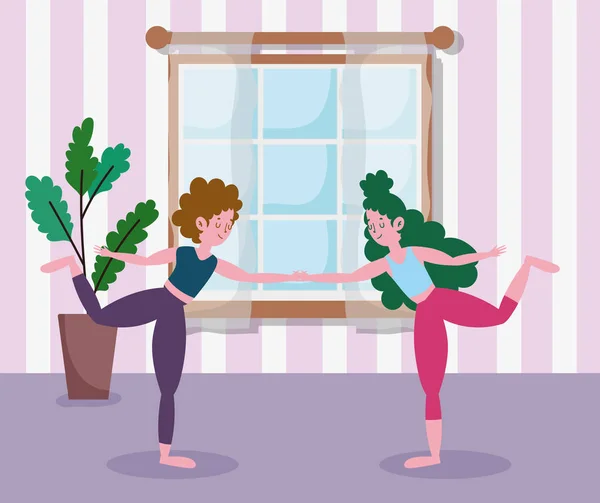 Chicas cogidas de la mano practicando yoga en la habitación, ejercicios en casa — Vector de stock