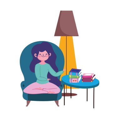 Evde kal, sandalyede oturan kız elinde kitaplarla masa karikatürü.