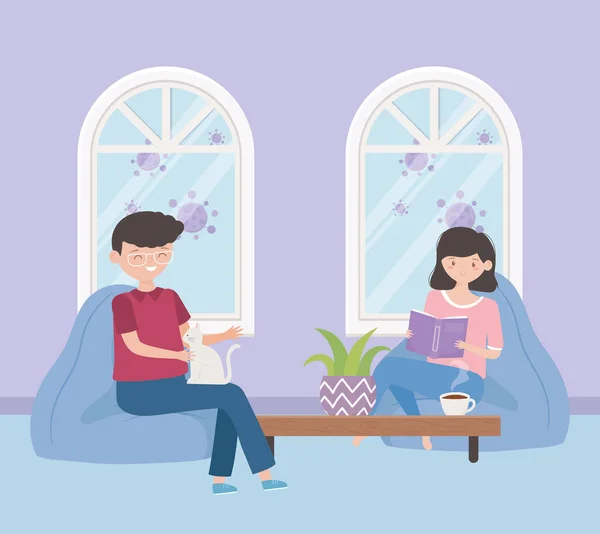 Evde oturup kitap okuyan kız ve kediyle oturan bir adam. — Stok Vektör