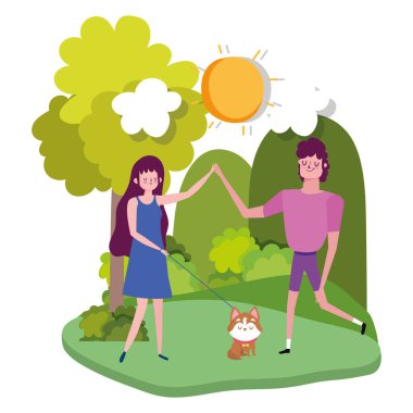 Parktaki çizgi filmde küçük köpeği olan mutlu çift.