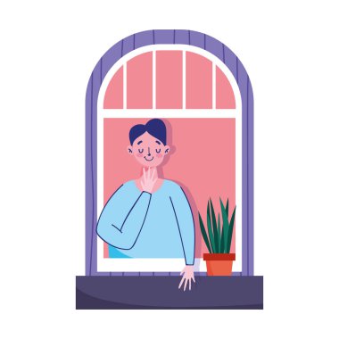 Evde kal, Coronavirus covid 19, genç adam izole edilmiş saksı ikonu olan pencereye bakıyor.