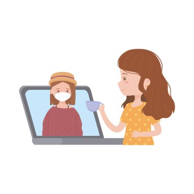 Evde kal, kadın ve kız dizüstü bilgisayar görüntülü konuşma.