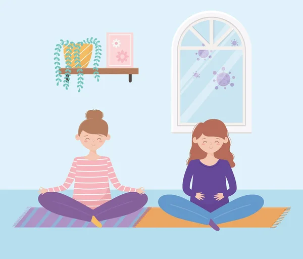 Quedarse en casa, niñas practicando yoga meditación en la estera en la habitación — Vector de stock