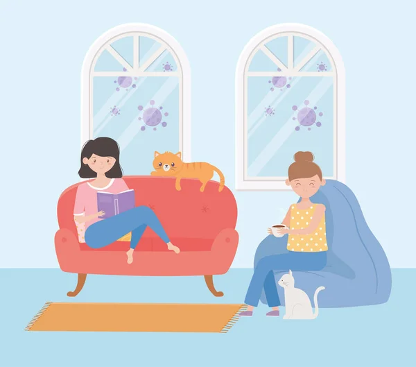 Stay at home, women reading book and coffee in sofa with cats — Stock Vector