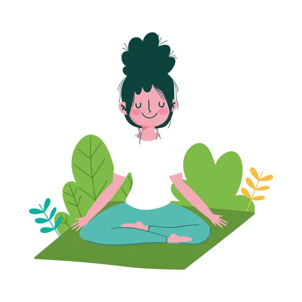 Young woman practicing yoga in lotus posing on mat outdoor — Stock Vector