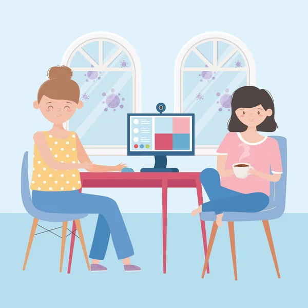 Ficar em casa, reunião on-line, mulheres com computador falando vídeo — Vetor de Stock
