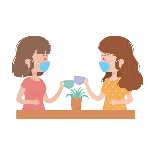 Rester à la maison, les jeunes femmes portant des masques et prenant des tasses à café — Image vectorielle