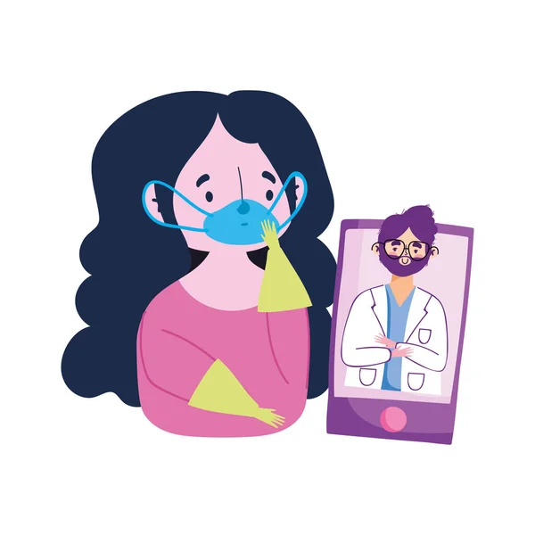 Covid 19 coronavirus, donna con maschera in consultazione smartphone medico — Vettoriale Stock