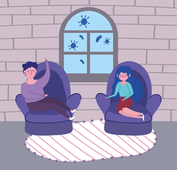 Uomo e donna seduti sulle sedie soggiorno, quarantena soggiorno a casa — Vettoriale Stock