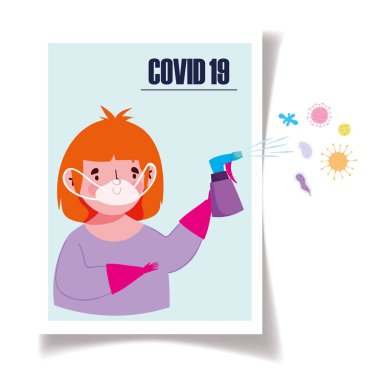 Covid 19 koronavirüs, maskeli ve dezenfektan spreyli çocuk.