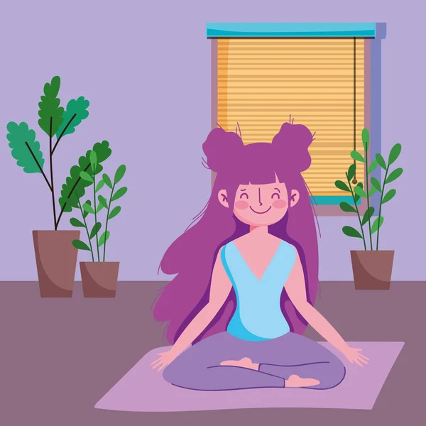 Chica en yoga loto pose en la estera en la habitación, ejercicios en casa — Vector de stock