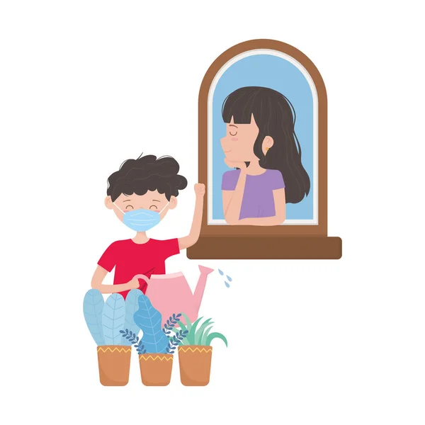 Rester à la maison, garçon avec masque médical et arrosoir plantes, femme dans la fenêtre — Image vectorielle