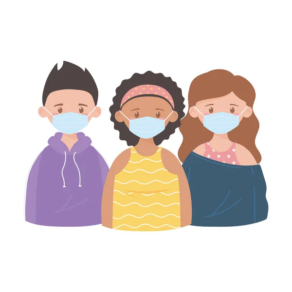 Girls and boy with medical mask, prevention recommendation, coronavirus covid 19 — Stock Vector