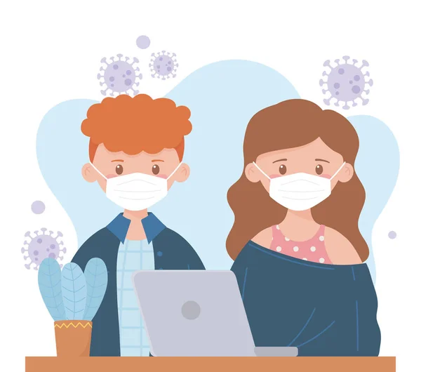 Stare a casa, giovane coppia maschera medica lavorare con il computer portatile — Vettoriale Stock