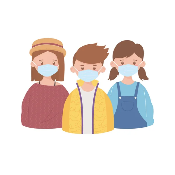 女の子と男の子医療マスク予防勧告コロナウイルスcovid 19 — ストックベクタ