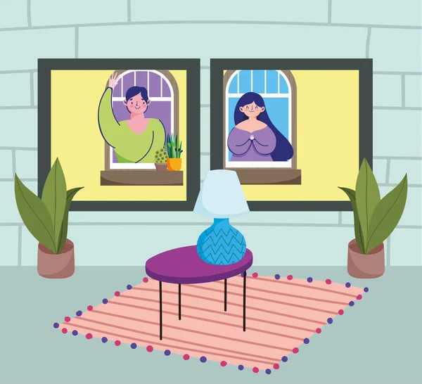 Чоловік і жінка спостерігають у вітальні, карантин залишаються вдома — стоковий вектор