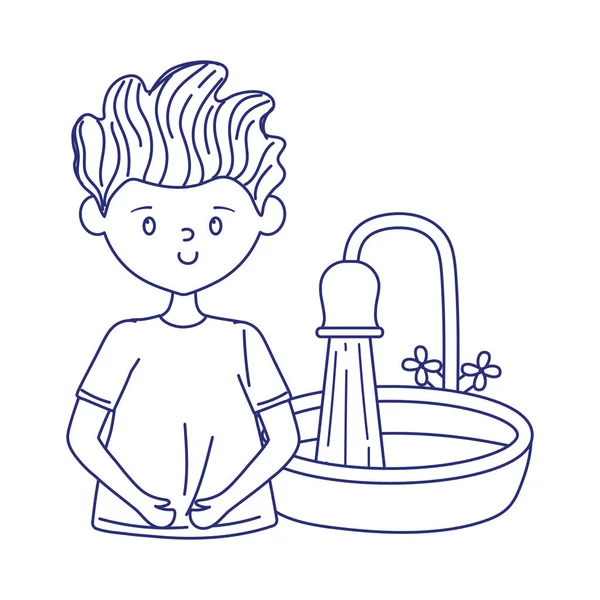 Covid 19 quarantine, boy with bathroom sink isolated design — Stock Vector