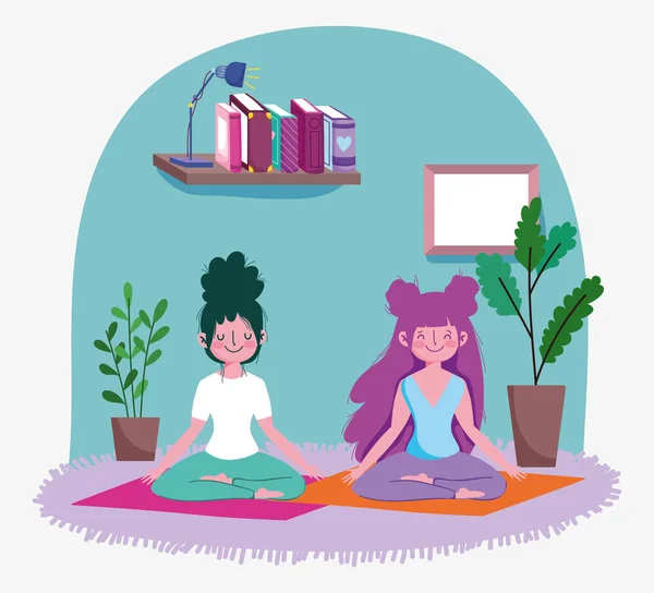 Menina feliz praticando ioga no tapete na sala com plantas, exercícios em casa — Vetor de Stock