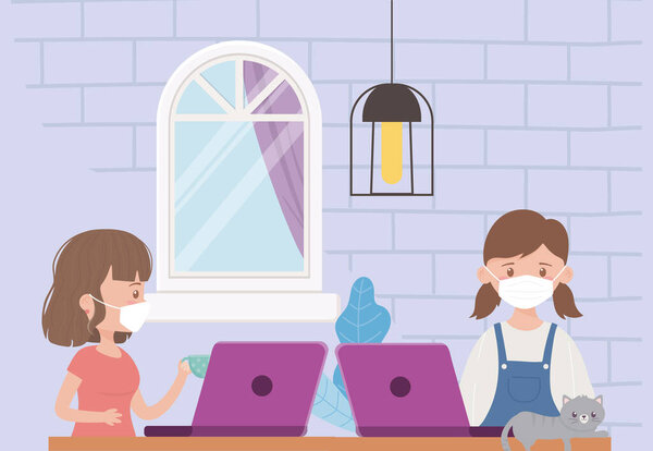 stay at home, woman with laptop and girl with computer cat in the room