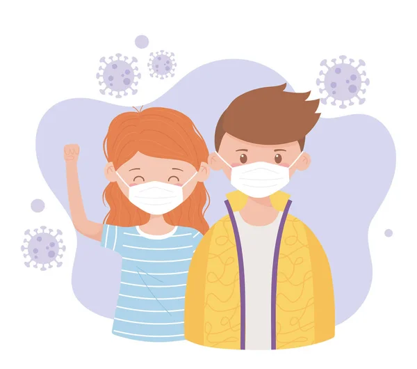 Covid 19 prevenzione, giovane coppia con maschera medica — Vettoriale Stock