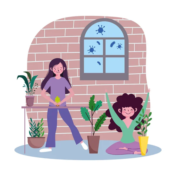 Молоді жінки з рослинами в саду горщиків, зупиніться вдома — стоковий вектор