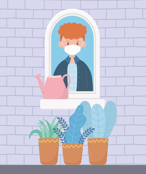 待在家里，蒙面的男人，拿着水壶和盆栽在窗前 — 图库矢量图片