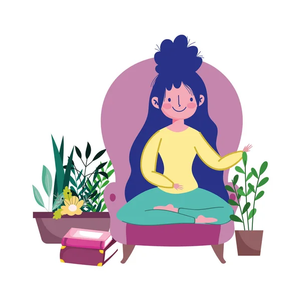 Ficar em casa, jovem mulher na cadeira com livros e plantas —  Vetores de Stock