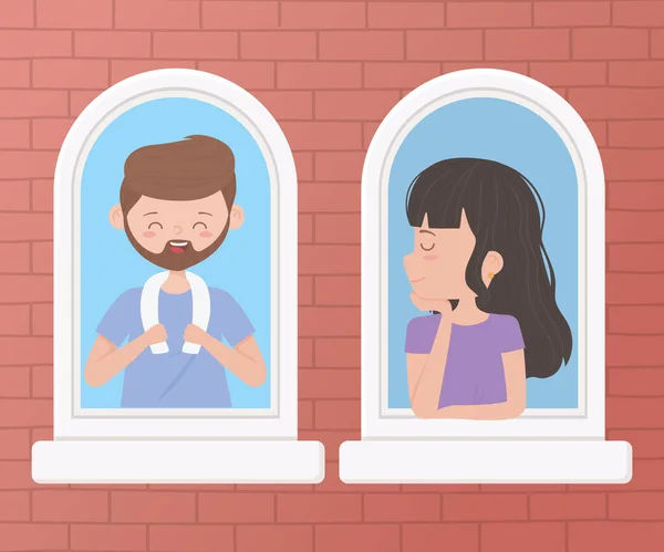 Залишатися вдома, чоловік і жінка дивляться на віконний фасад будівлі — стоковий вектор