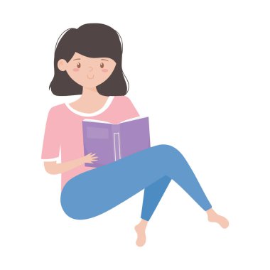 Kitap okuyan genç bir kadın beyaz arkaplanda izole edilmiş bir simge