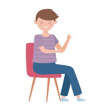 Sandalyede oturan genç adam beyaz arkaplanda izole edilmiş bir simge