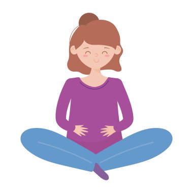 Evde kal, hamile kadın yoga lotusu meditasyon yapıyor.