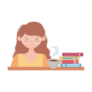 Evde kal, kahve fincanı ve kitapları olan genç kadın.