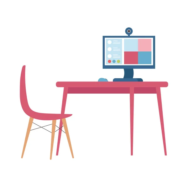 Bureau de chaise avec caméra informatique réunion concept en ligne — Image vectorielle