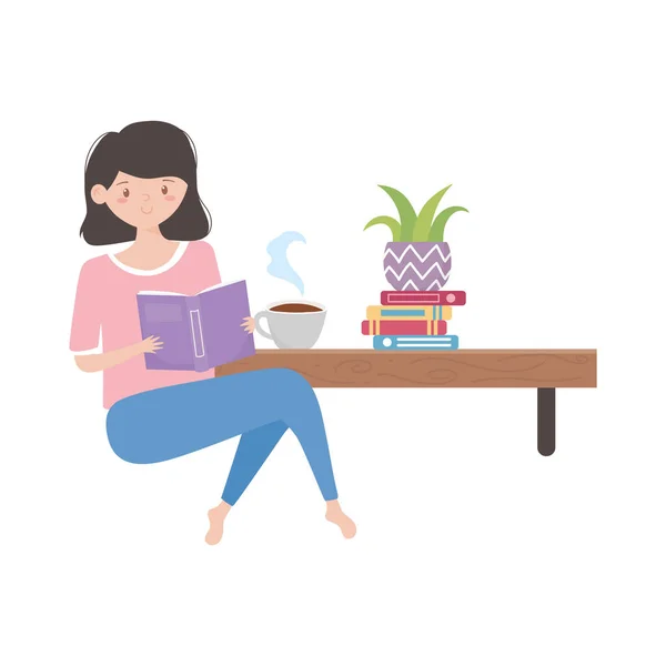 Rester à la maison, fille lisant un livre assis avec une tasse de café et plante en pot à la table — Image vectorielle