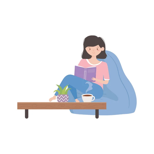 Ficar em casa, livro de leitura menina no quarto com mesa copo de café —  Vetores de Stock