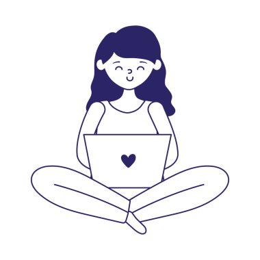 Dizüstü bilgisayar kullanan genç bir kadın beyaz arkaplanda izole edilmiş simge